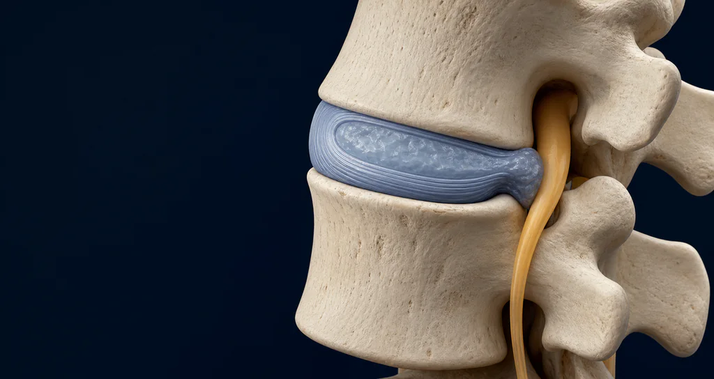 Ilustración conceptual de un segmento lumbar con disco intervertebral y una raíz nerviosa adyacente