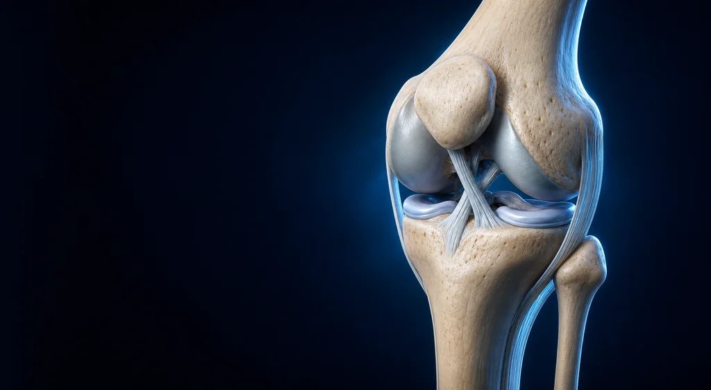 Ilustración anatómica conceptual de la articulación de la rodilla con sus principales huesos, meniscos y ligamentos