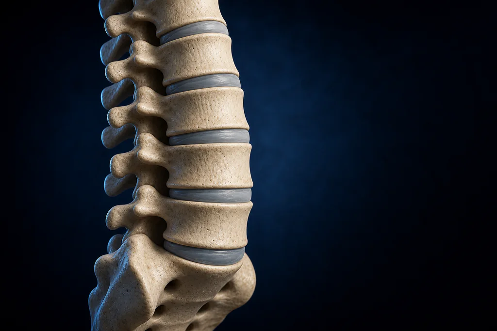 Ilustración anatómica 3D de la región lumbar, con vértebras y discos intervertebrales