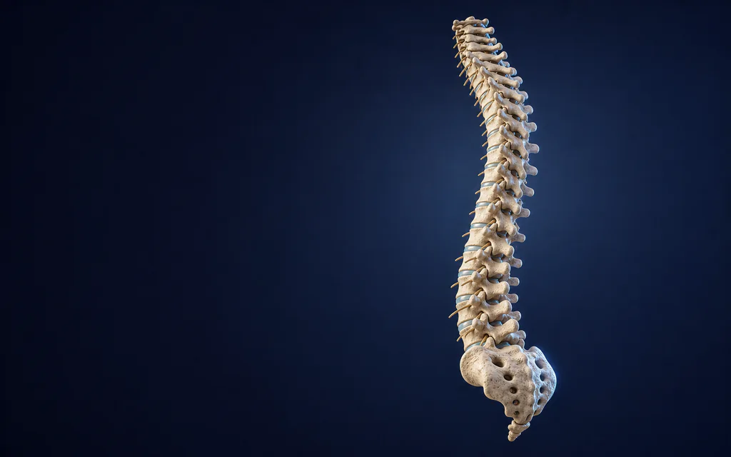 Ilustración anatómica 3D de la columna vertebral completa en vista lateral oblicua