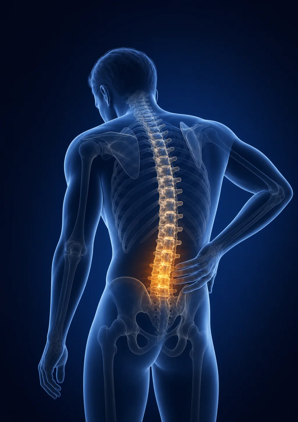 Ilustración médica de una persona con dolor lumbar, con la columna vertebral resaltada